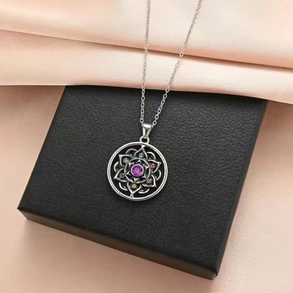 Silver Colorful Rhinestone Flower Pendant Necklace - Picture 3 of 5